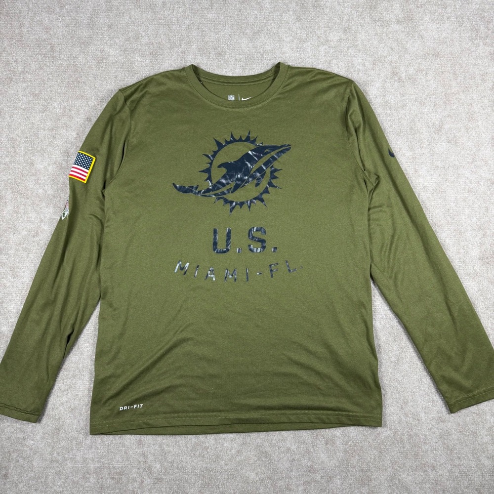 Nike Miami Dolphins‎ Salute to Service Mens Medium Olive Green Dri-FIT LS Shirt